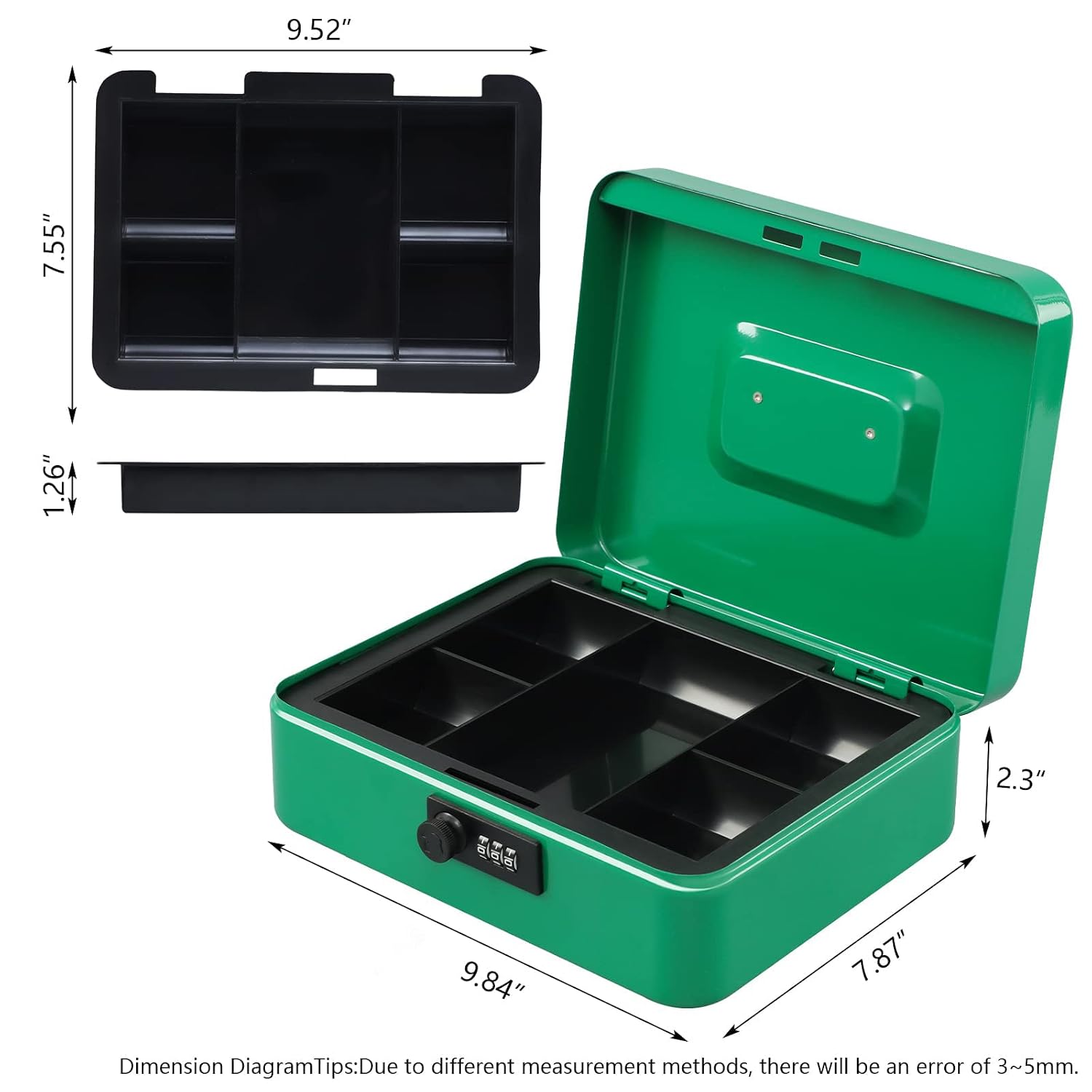 Large Cash Box With Combination Lock Safe Metal Money Box With Money Tray For Security Lock Box 9.84"X 7.87"X 3.54" Colour - Green