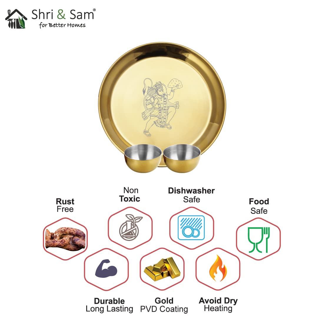 Stainless Steel Hanuman Ji Pooja Thali Set Of 3, Gold PVD Coating | 1 Pooja Thali+ 2 Katoris - Easy To Clean & Dishwasher Safe