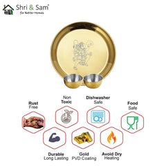 Stainless Steel Hanuman Ji Pooja Thali Set Of 3, Gold PVD Coating | 1 Pooja Thali+ 2 Katoris - Easy To Clean & Dishwasher Safe