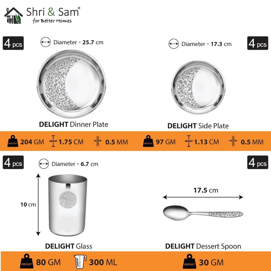 Designer Stainless Steel Delight Laser Bloom Leaf Dinner Set Of 24 Pieces, Silver | 4 Dinner Plates+ 4 Side Plates+ 4 Glasses+ 4 Bowls+ 4 Pudding Bowls+ 4 Dessert Spoons