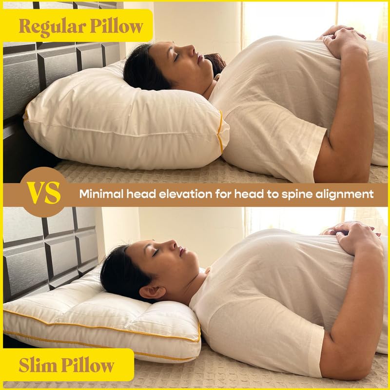 Slim Pillow With Microfiber Pillow, Designed For Neck & Spine Alignment, White, Standard Size - 26x16 Inches | Ideal For Minimal Elevation, Bed Pillow, Machine Washable - Pack Of 2