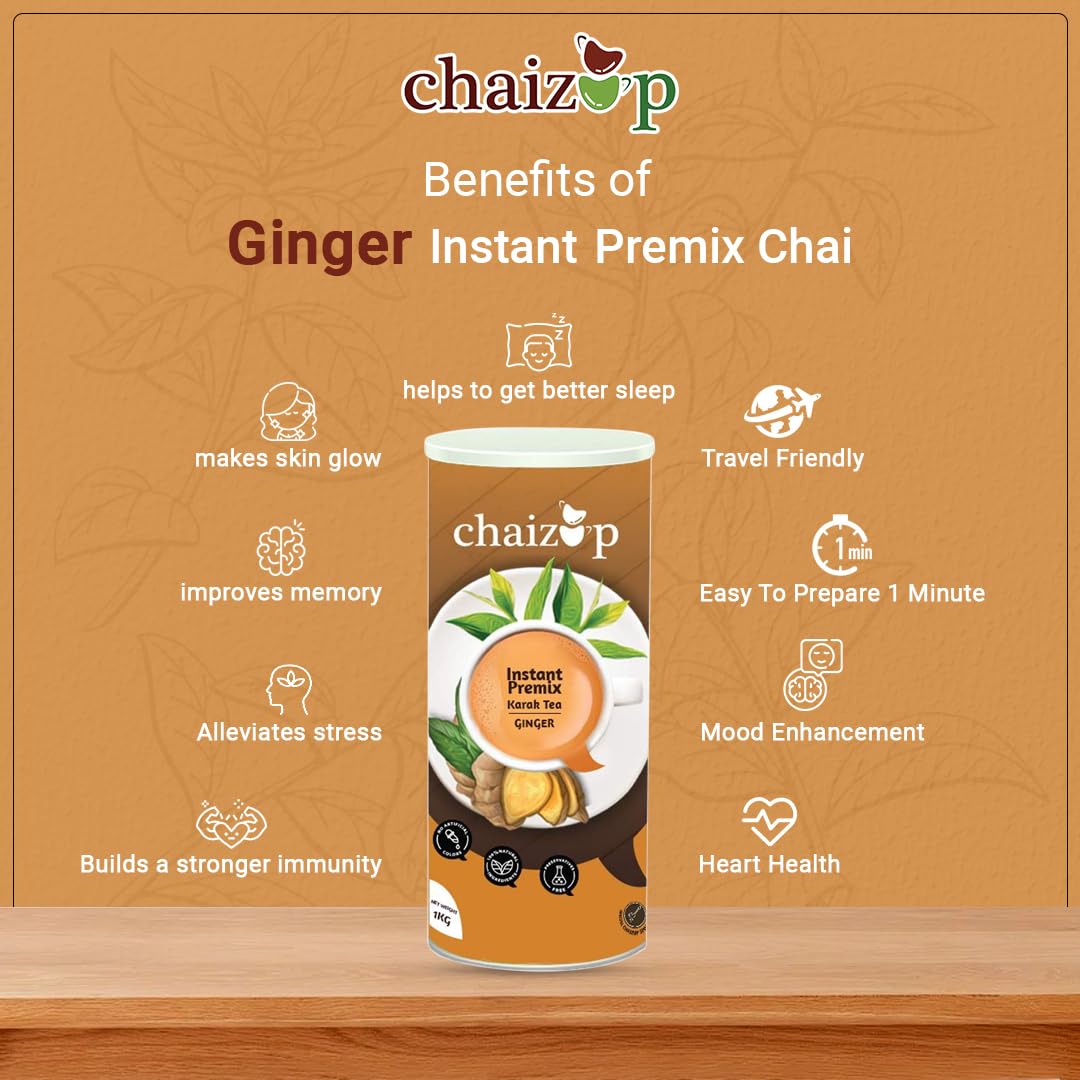 Chaizup Premium 1 Min Instant Ginger Tea Premix - 1 Kg Can, 35.2 Ounce | Just Add Hot Water - Assam Adrak Chai Powder | Low Caffeine, No Added Color - Home Like Tea
