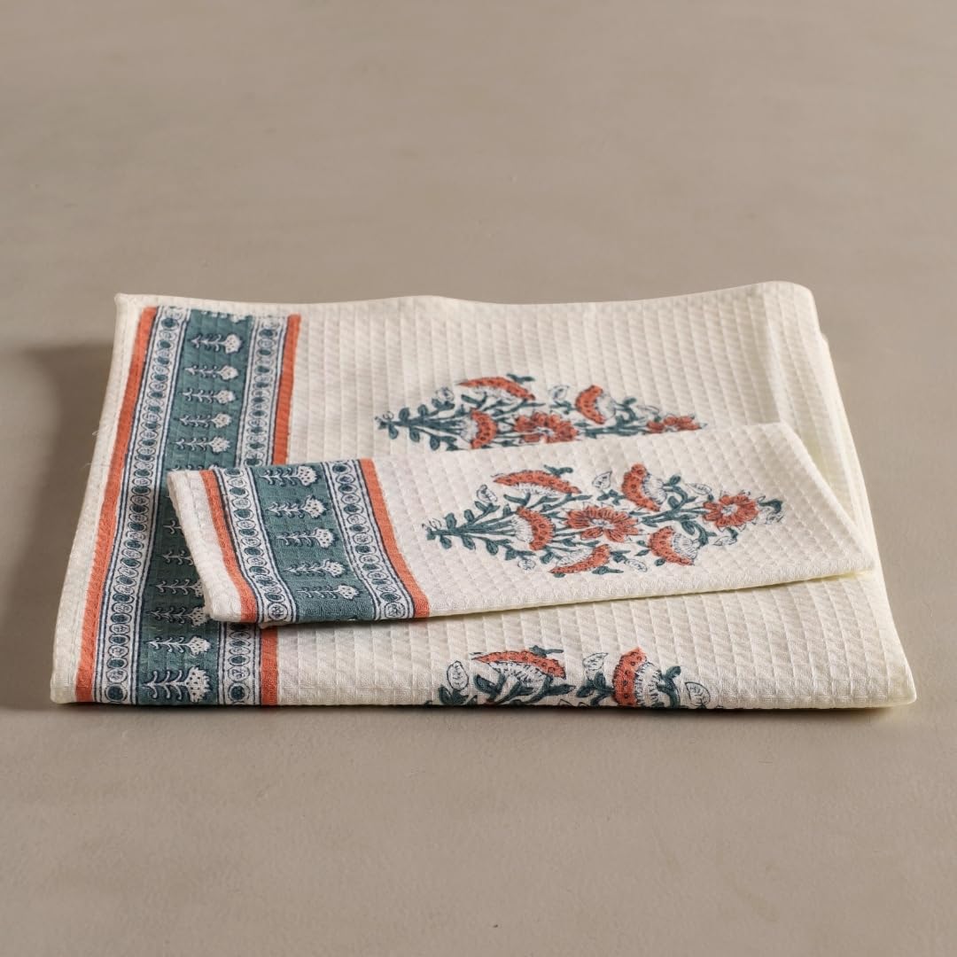 Peepul Tree 100% Pure Cotton Block Printed Hand & Bath Towels 240 Gsm | Super Absorbent, Soft & Faster Drying, Floral Printed (Peach & Teal)