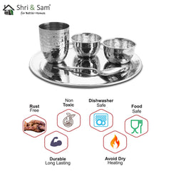 Silver Stainless Steel Hammered Diamond Thali Set Of 5 | 1 Thali+ 1 Glass+ 2 Katoris+ 1 Spoon - Easy To Clean & Dishwasher Friendly