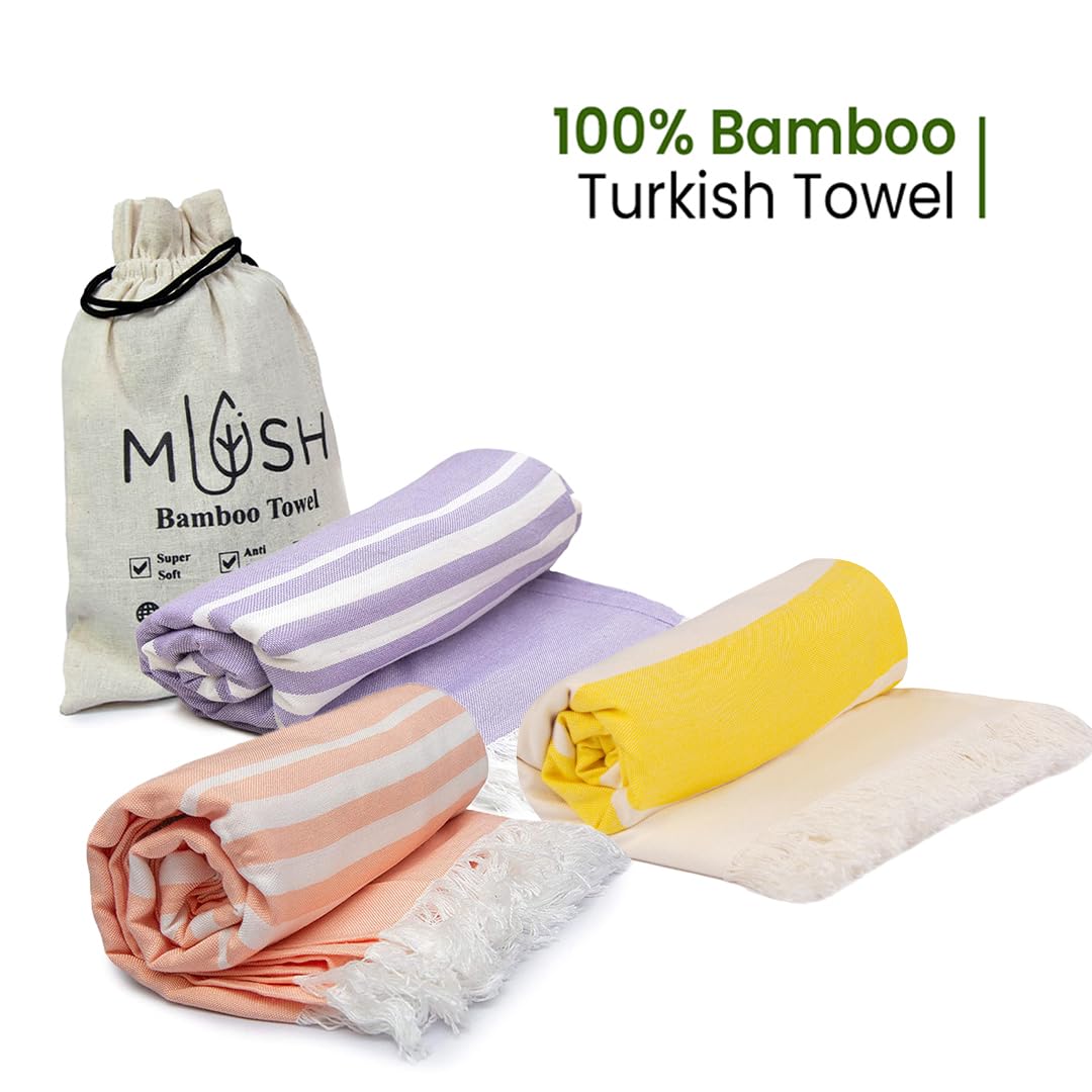 Mush Bamboo Turkish Towel 280 Gsm | 100% Bamboo Ultra Soft, Absorbent & Quick Dry Towel For Bath, Beach, Pool, Travel, Spa & Yoga (Yellow + Lavender & Peach)