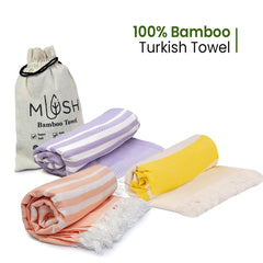 Mush Bamboo Turkish Towel 280 Gsm | 100% Bamboo Ultra Soft, Absorbent & Quick Dry Towel For Bath, Beach, Pool, Travel, Spa & Yoga (Yellow + Lavender & Peach)
