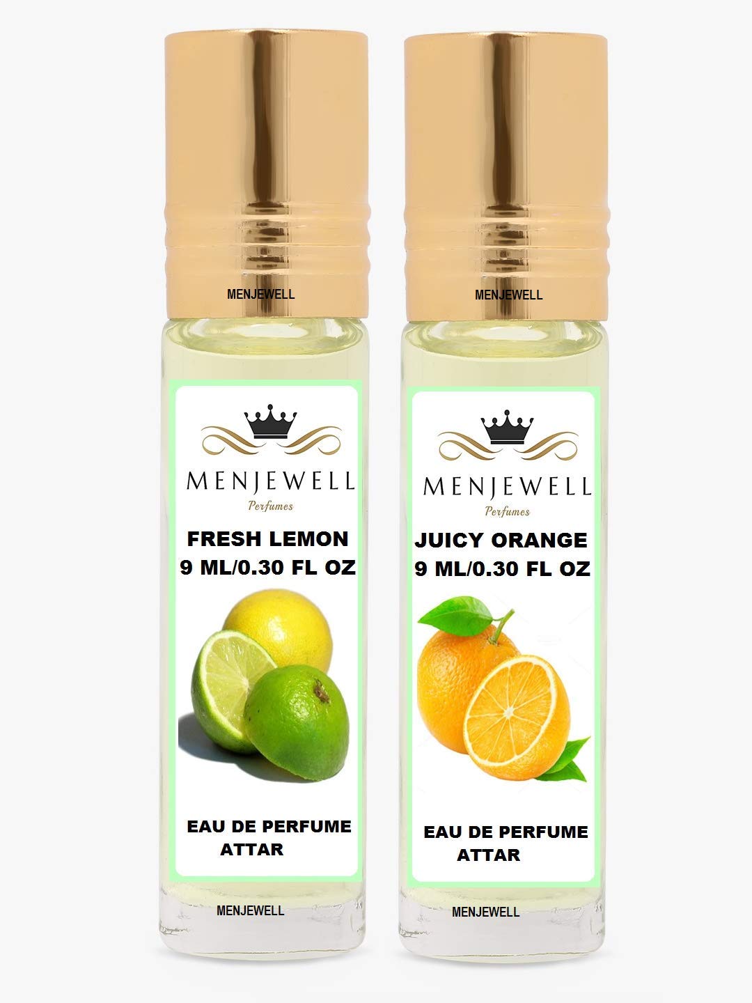 Menjewell Fresh Lemon + Juicy Orange Eau De Perfume Attar 9ml 0.3 Fl.oz. Each Pack Of 2 Unisex Fragrance | Long Lasting