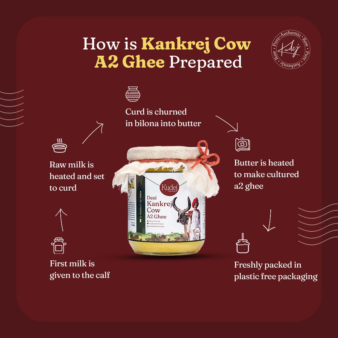 Organic Desi Kankrej A2 Pure Cow Ghee By Kudej | High In Vitamins A, D & Healthy Bilona Method Desi Ghee For Halwa | (250ml) 8.4 Ounce | Jar Pack