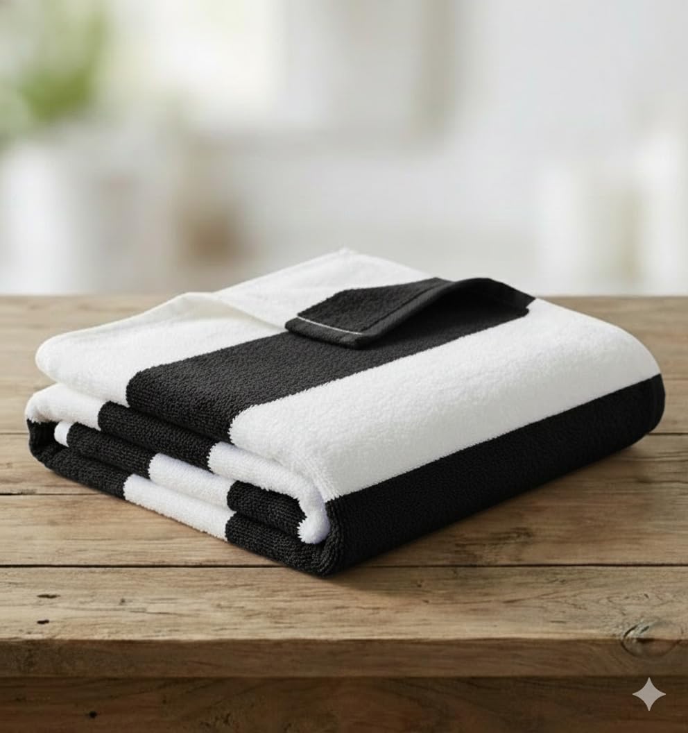 Cotton Bolls Textiles Premium 100% Cotton Bath Towel 450 Gsm | Ultra-Soft & Absorbent Quick Dry Durable Stripe Design Towel (Black)
