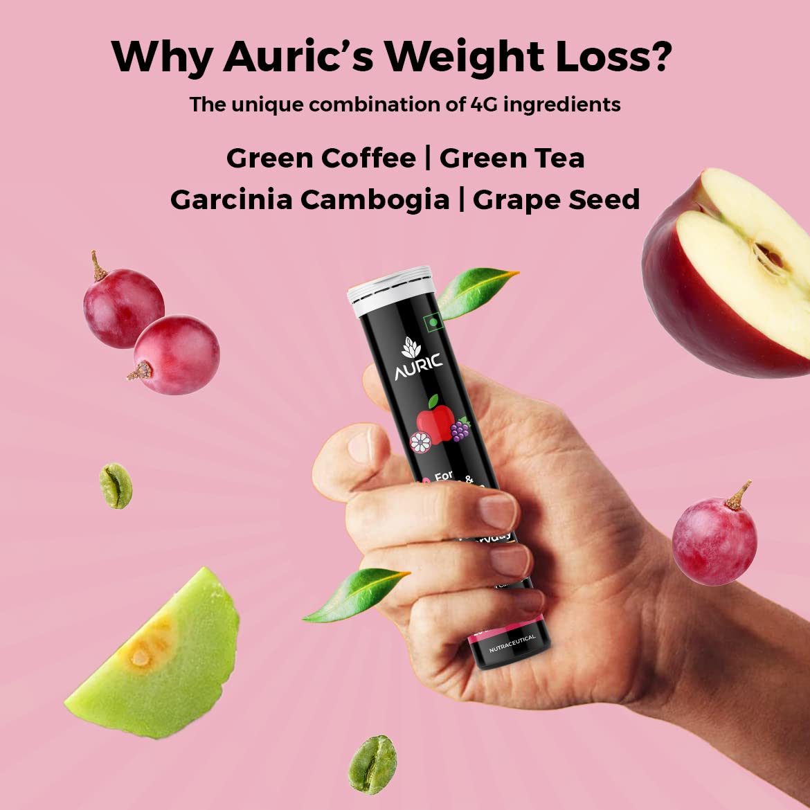 Auric Get Slim Effervescent, Power Of Green Coffee, Green Tea, Grape Seed & Garcinia Cambogia, For Men & Women | 20 Tablets 50gm 0.1lbs Each Pack Of 4