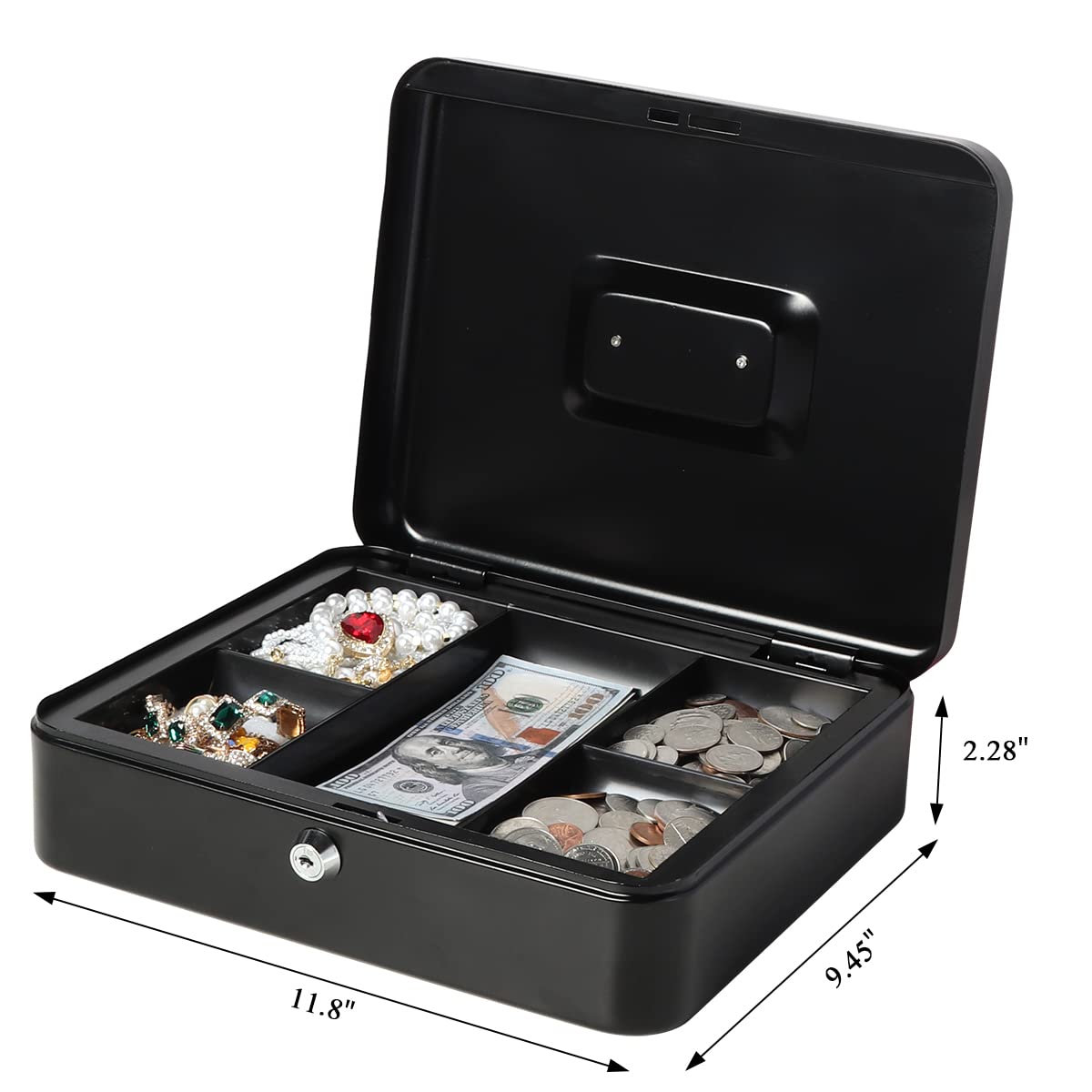 Locking Xtra Large Metal Cash Box With Money Tray, Lock Box, Colour - Black, Material - Metal, Special Feature - Portable