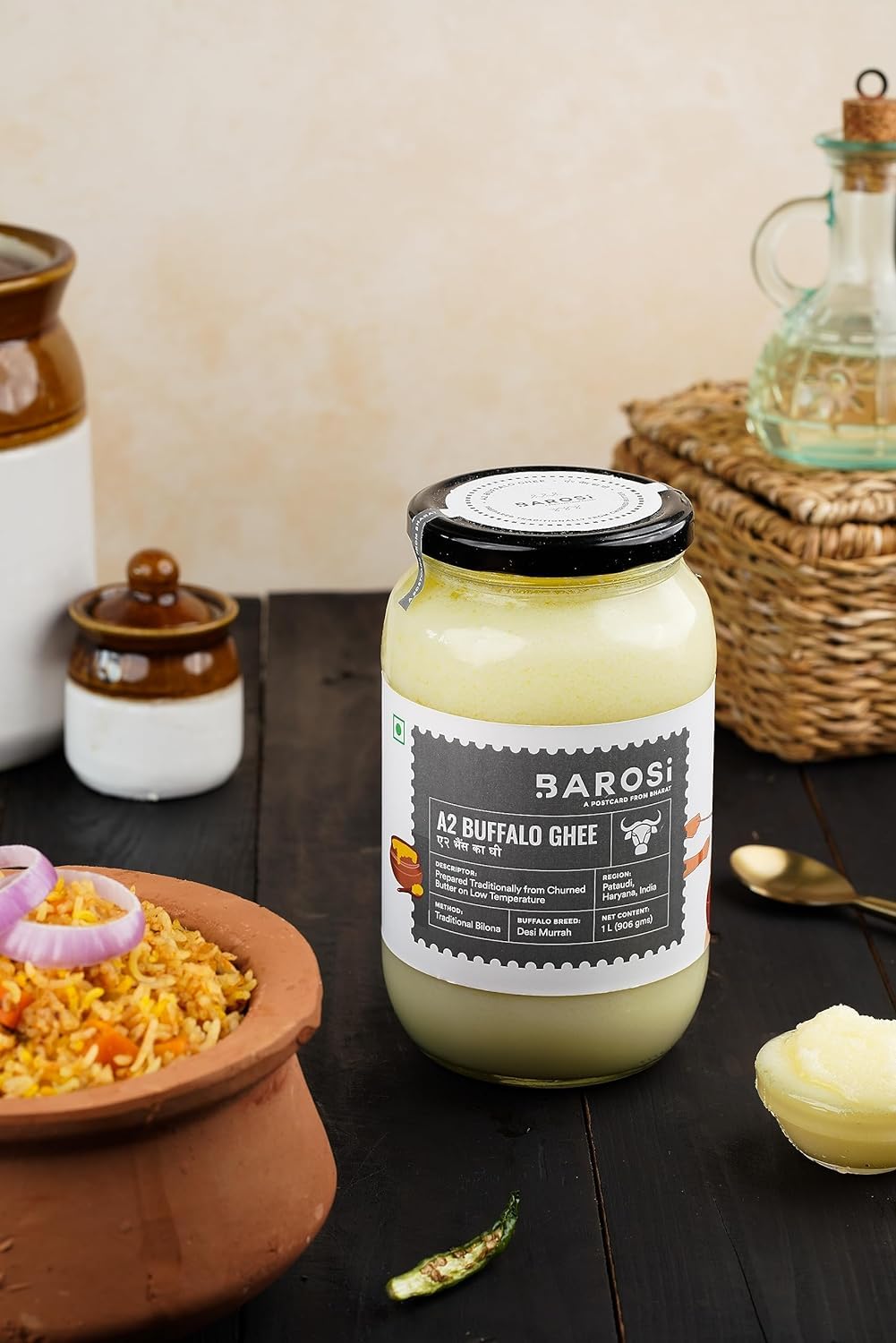 Natural A2 Buffalo Ghee By Barosi | Rich In Vitamins A, E & Healthy Cow Desi Ghee Good For Improves Eyesight | (1 Litr) 33.8 Ounce | Jar Pack