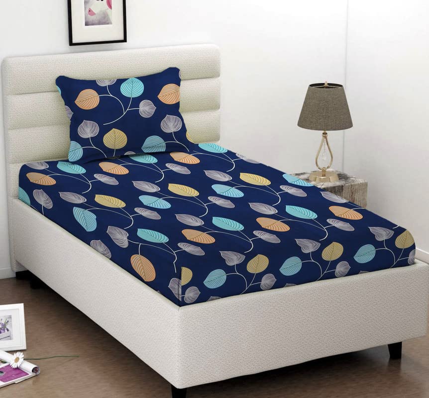 100% Single Bedsheet With 1 King Size Pillow Covers - 60 X 90 Inches, Dark Blue | Flower Printed Single Bedsheets Super Soft Glace Cotton Breathable & Wrinkle Free