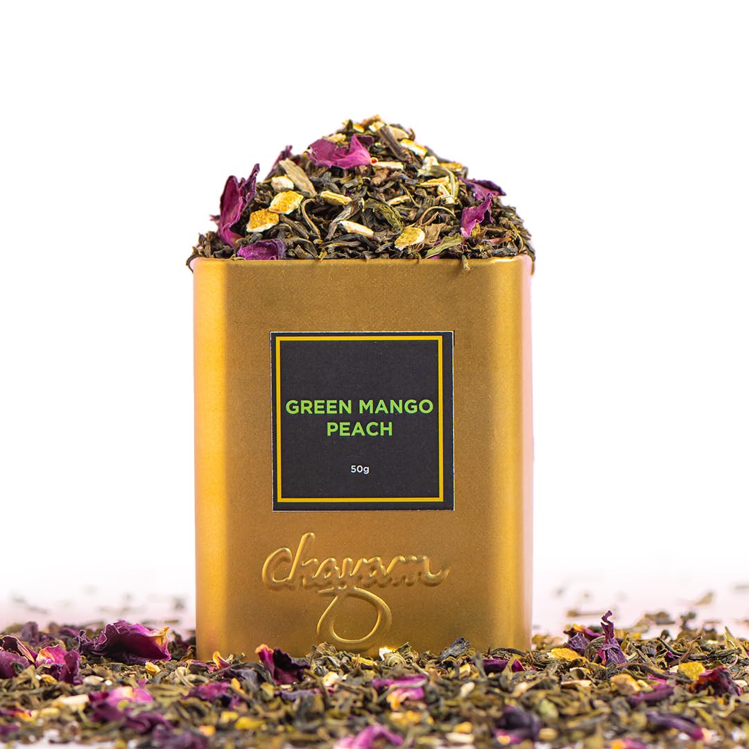 Chayam Mango Peach Green Tea - 50gm Tin, 1.7 Ounce | Exotic Blend With Peppermint & Rose Petals - Brew Hot Or Cold | Low Caffeine - Refreshing & Aromatic Green Tea