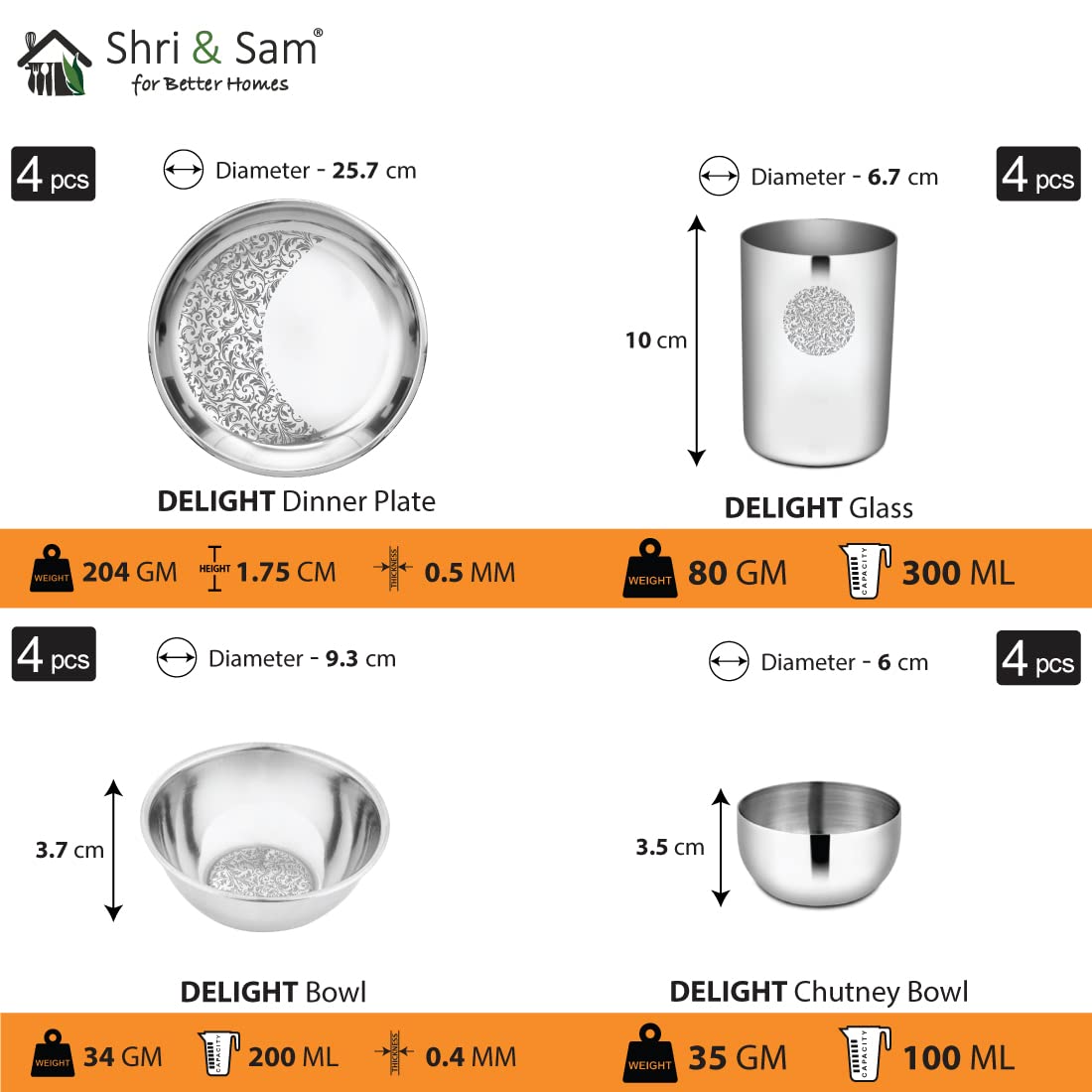 Designer Stainless Steel Delight Laser Bloom Leaf Dinner Set Of 32 Pieces | 4 Dinner Plates+ 4 Glasses+ 4 Bowls+ 4 Chutney Bowls+ 4 Pudding Bowls+ 4 Dessert Spoons+ 4 Dessert Fork+ 4 Tea Spoons