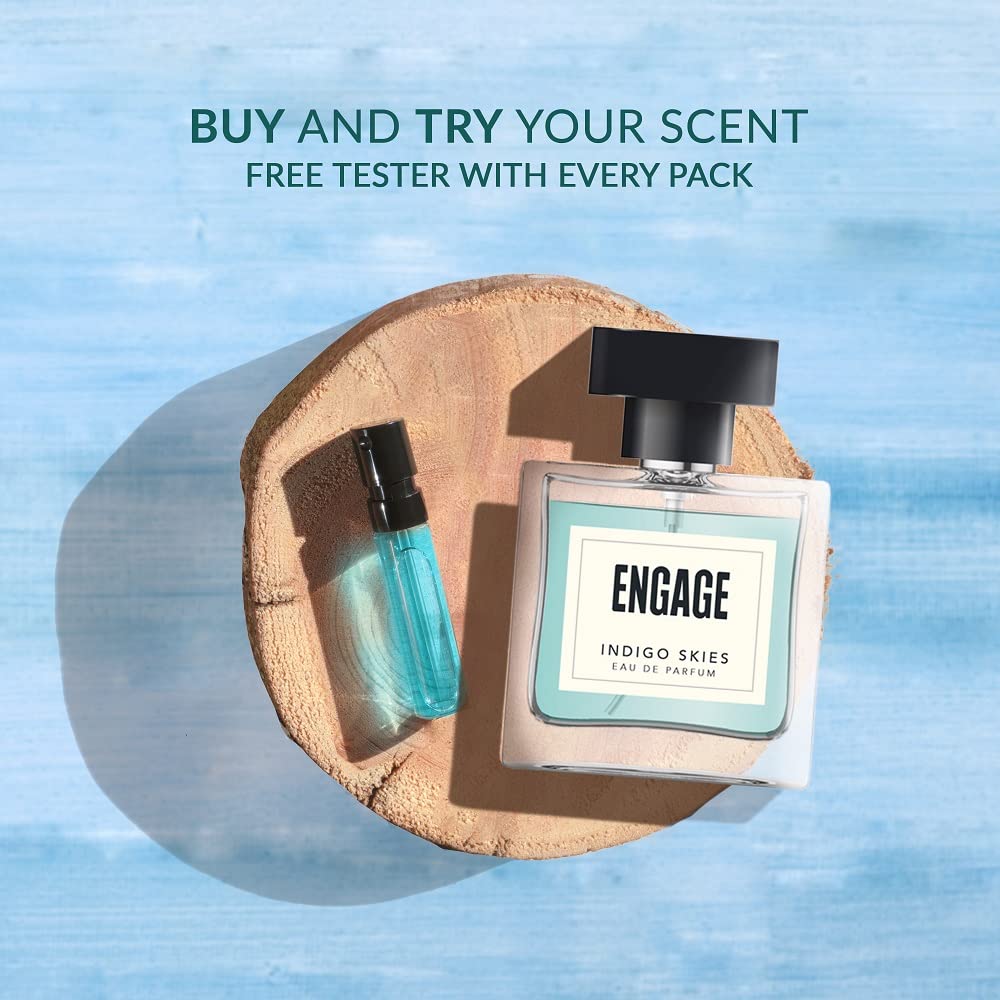 Engage Indigo Skies Eau De Parfum 100ml 3.4 Fl.oz. For Men | Long Lasting , Fresh & Earthy Fragrance , For Everyday Use , Gift For Men , Free Tester With Pack