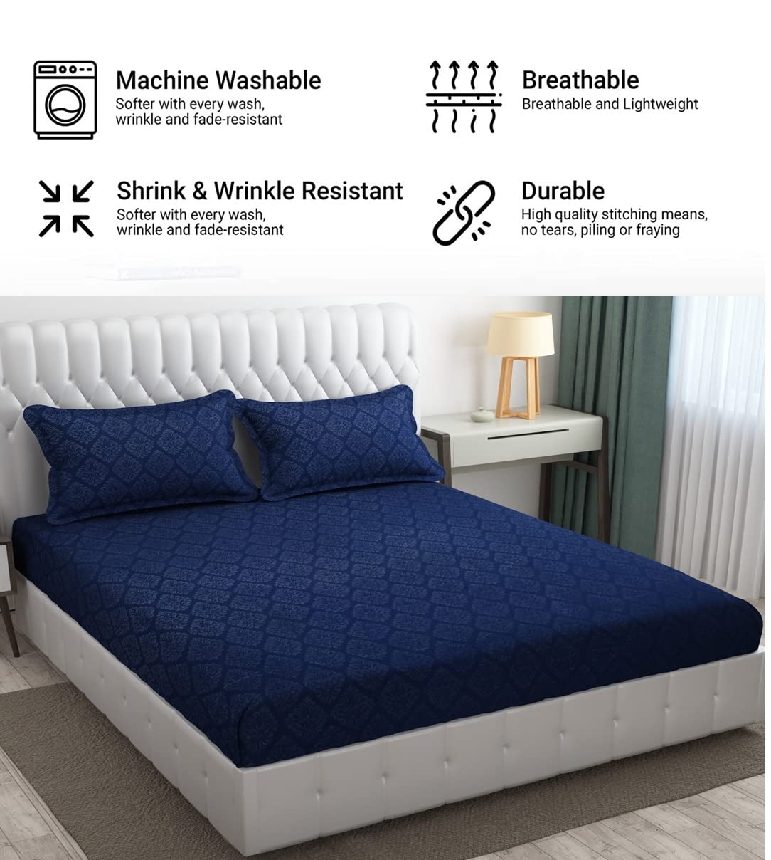 144 TC King Size Bedsheet With 2 Pillow Covers - 90 X 95 Inches | Navy Blue, Damas Design Bedsheet | Machine Washable & Wrinkle Resistant