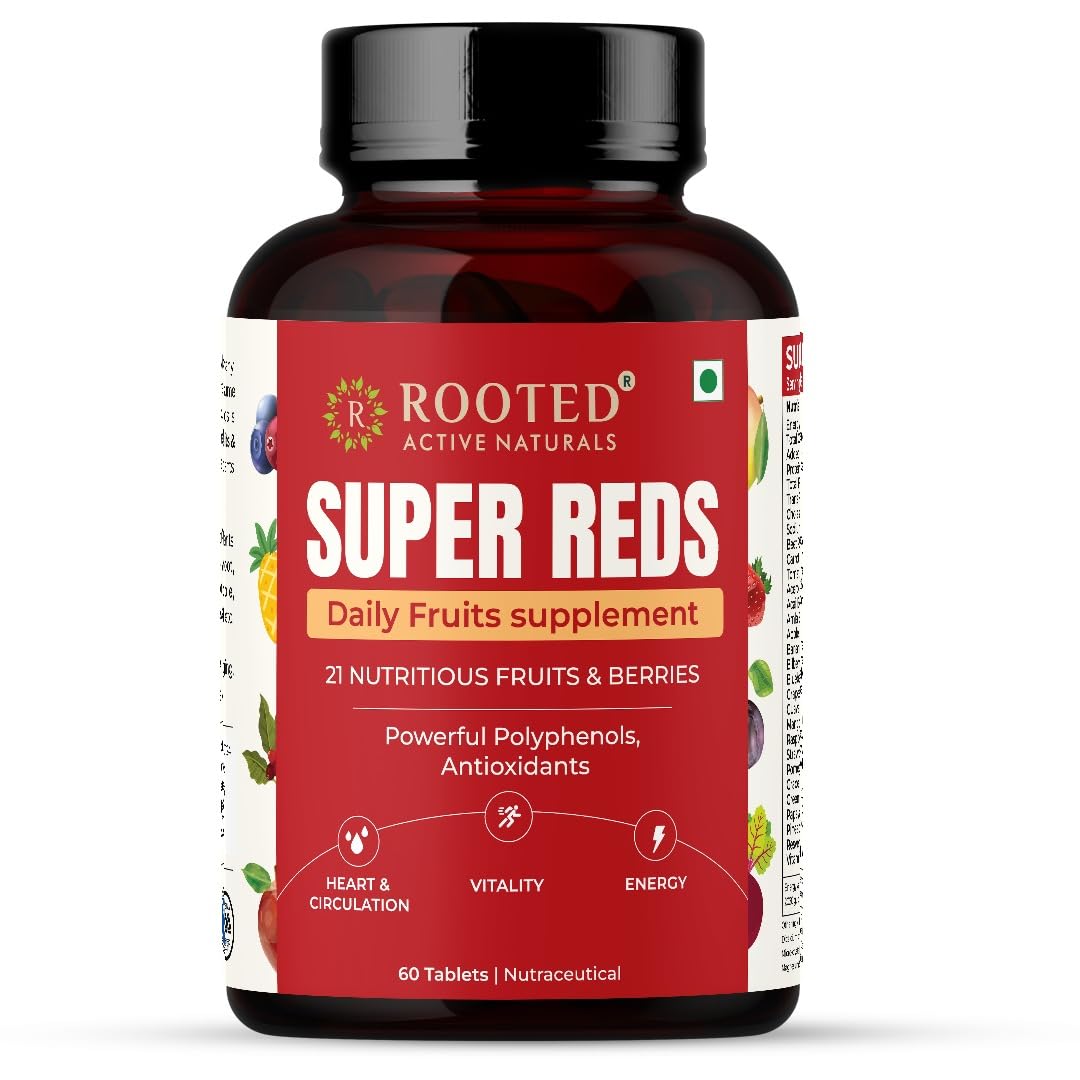 Rooted Actives Super Reds Fruits Supplement, 21 Nutritious Fruits, Berries Rich In Antioxidants, Flavonoids & Polyphenols, Heart, Circulation Health, Energy & Vitality | 60 Capsules 100gm 0.2lbs