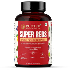 Rooted Actives Super Reds Fruits Supplement, 21 Nutritious Fruits, Berries Rich In Antioxidants, Flavonoids & Polyphenols, Heart, Circulation Health, Energy & Vitality | 60 Capsules 100gm 0.2lbs