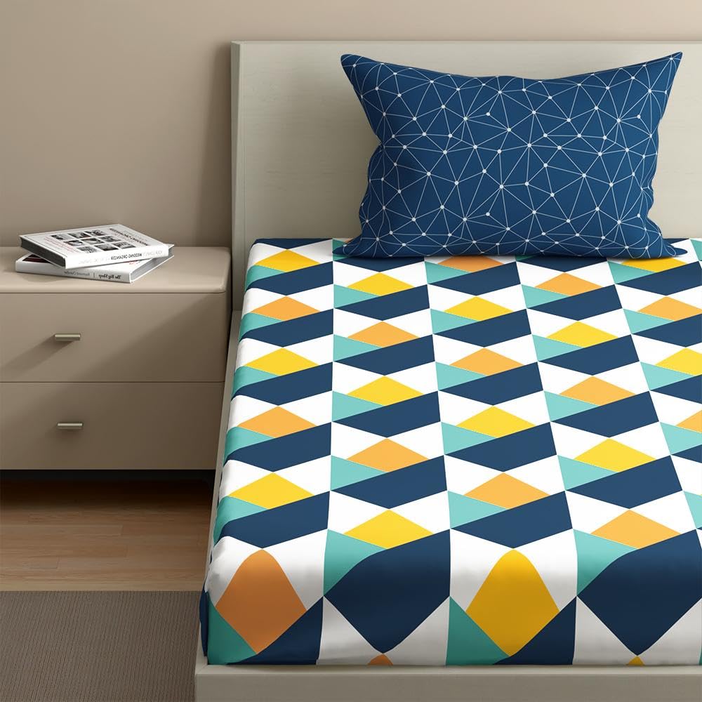 Cotton Elastic Fitted Single Bedsheet With 1 Pillow Cover | 72 X 36 Inches, Dark Blue - Breathable & Durable, Soft & Perfect For All Seasons