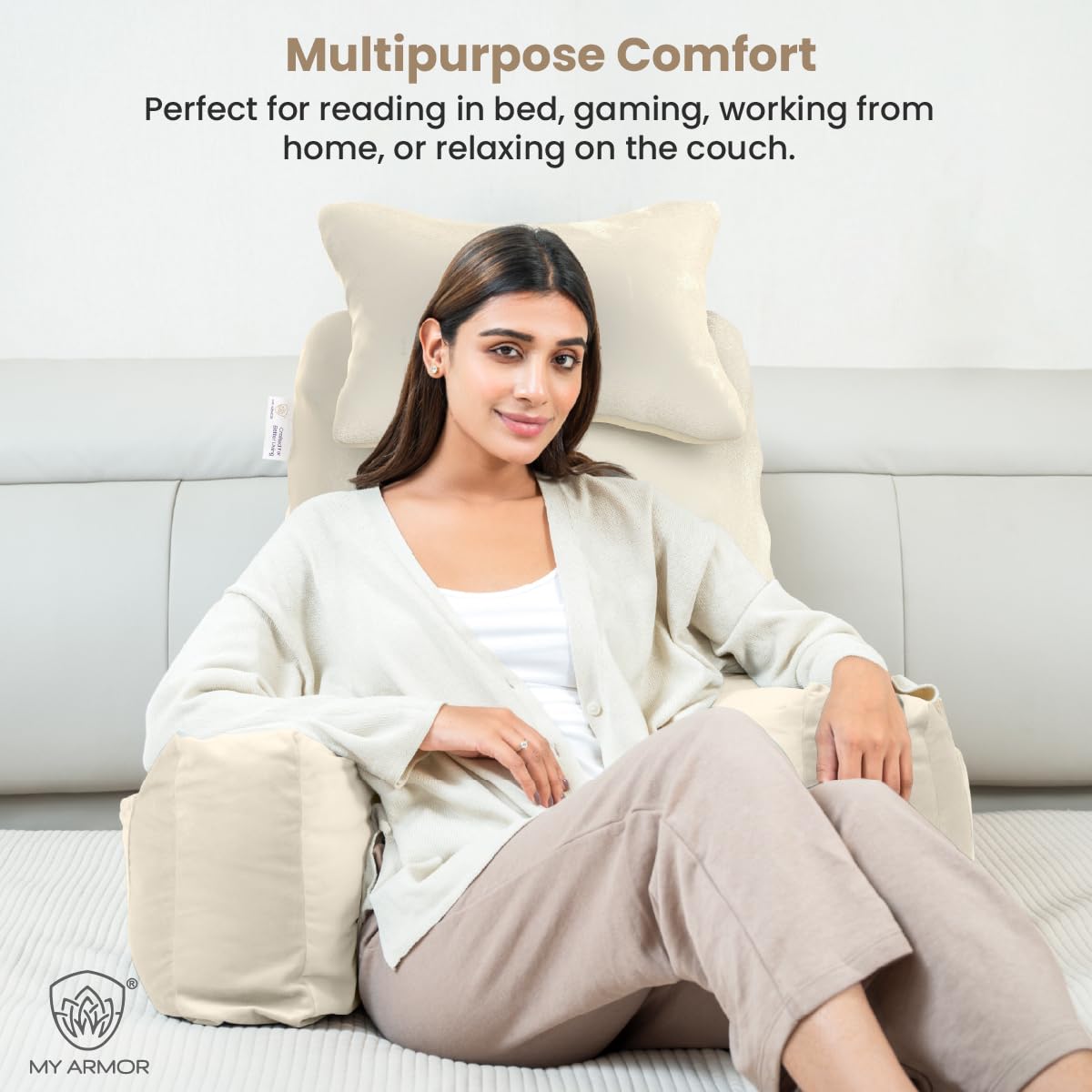 Backrest Pillow For Bed With Detachable Neck Rest & Support Arms - Cream | Soft Reading Pillow, Back Support Wedge Pillow For Working, Seating & Relaxing In Bed, Adjustable Pillow
