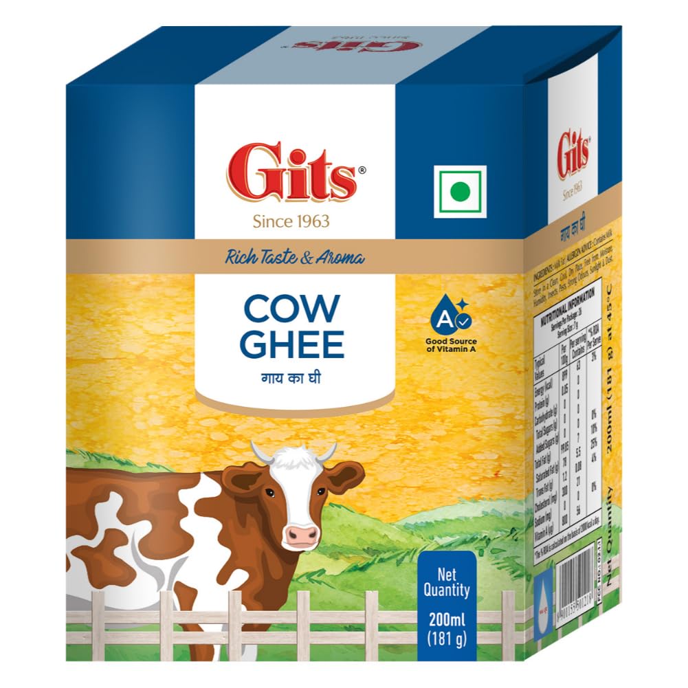 Natural Premium Desi Cow Ghee By Gits | Good Source Of Vitamin A, Delicious Healthy & Nutritious Pure Cow Ghee Perfect For Digestion | (200ml) 6.7 Ounce | Tin Pack