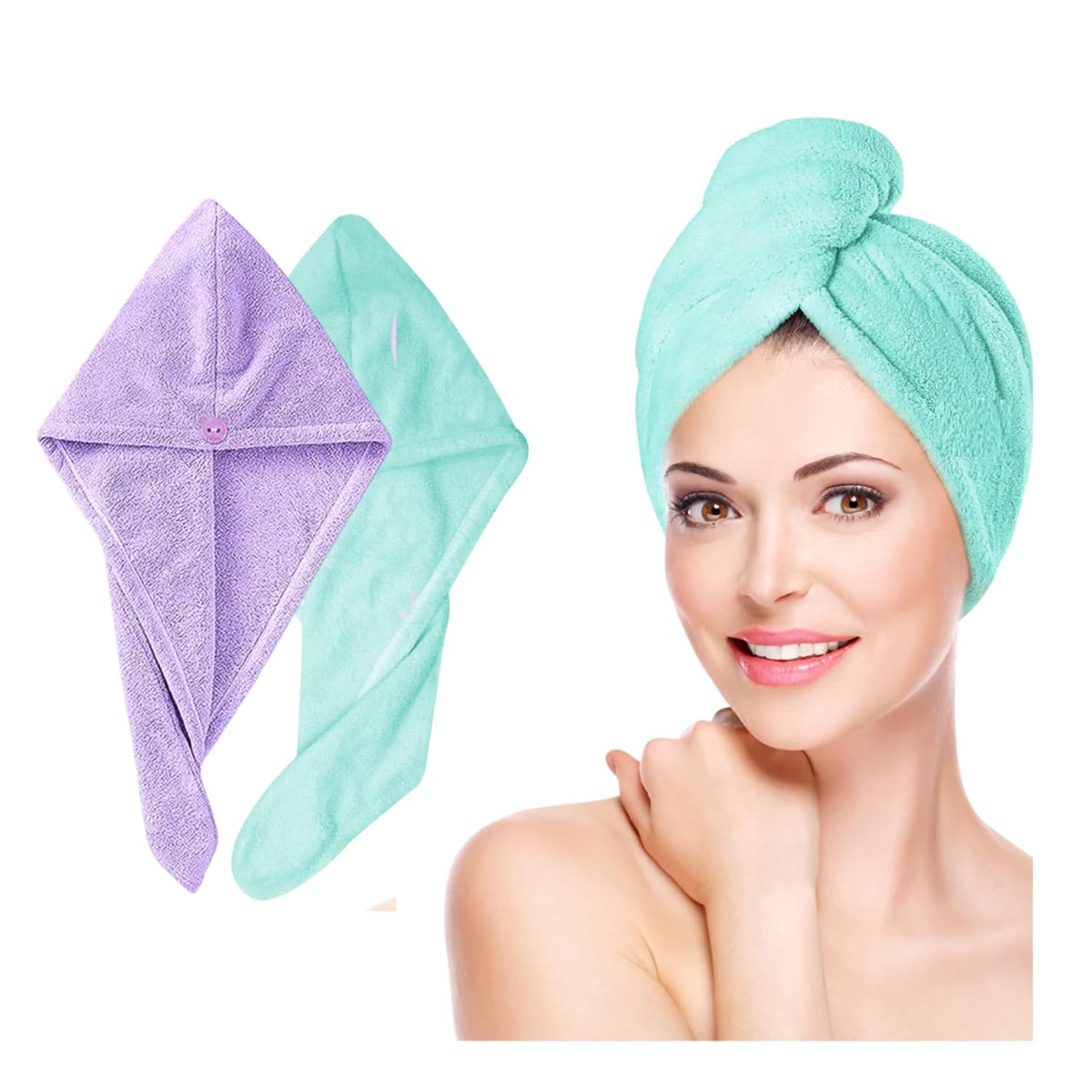 Fezora Hair Towel Wrap For Women (Pack Of 2) | Quick-Dry Microfiber Hair Turban With Elastic Loop | Super Absorbent Hair Drying Towel For Ladies & Girls (Purple & Pista)