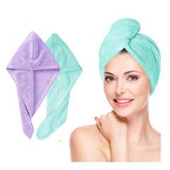 Fezora Hair Towel Wrap For Women (Pack Of 2) | Quick-Dry Microfiber Hair Turban With Elastic Loop | Super Absorbent Hair Drying Towel For Ladies & Girls (Purple & Pista)