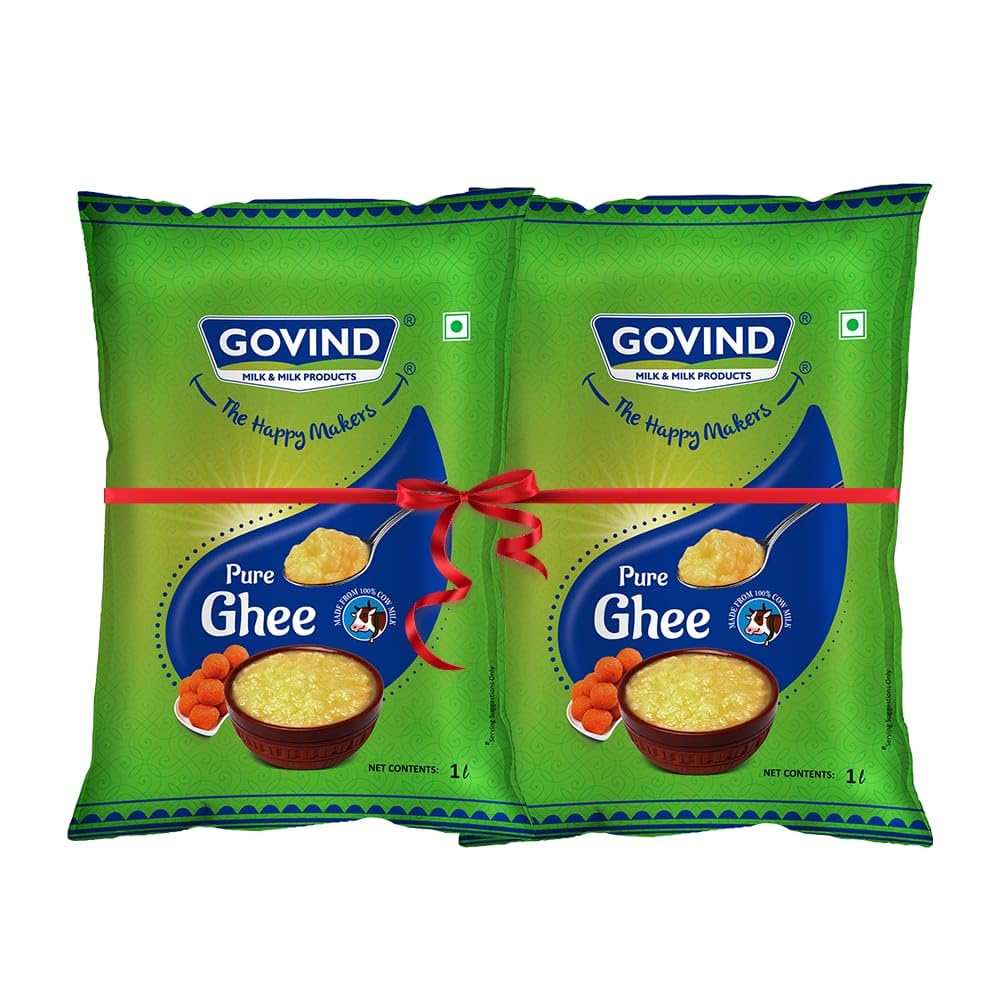 Premium Pure Cow Ghee By Govind | Rich In Vitamins A, D & E Healthy Nutrients Desi Ghee Good For Laddus | 2 Litre (1 Litre * 2) 67.6 Ounce | Pouch Pack