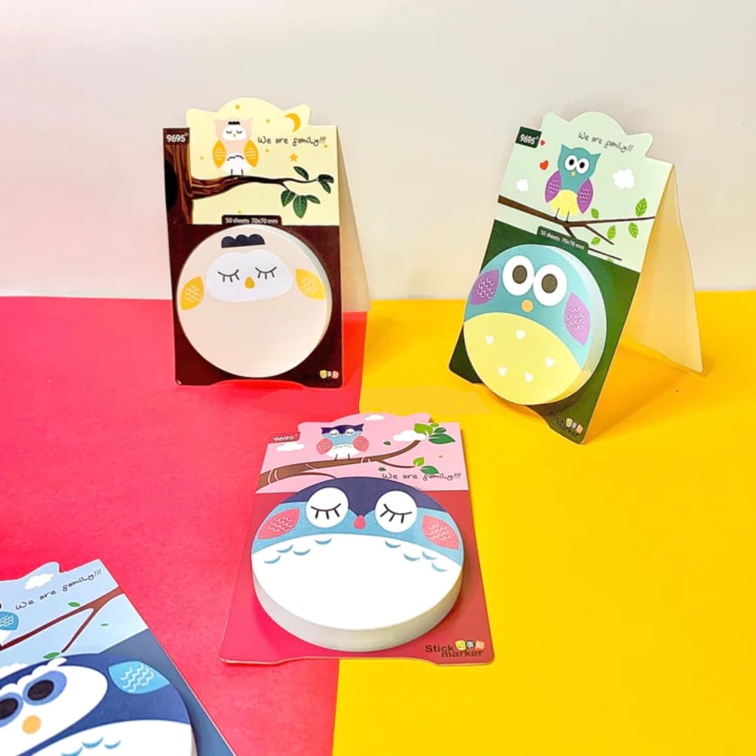 300 Sheets Owl Round Shape Sticky Notes Set - Office Stationery Memo Pad Study Material | Set Of 4