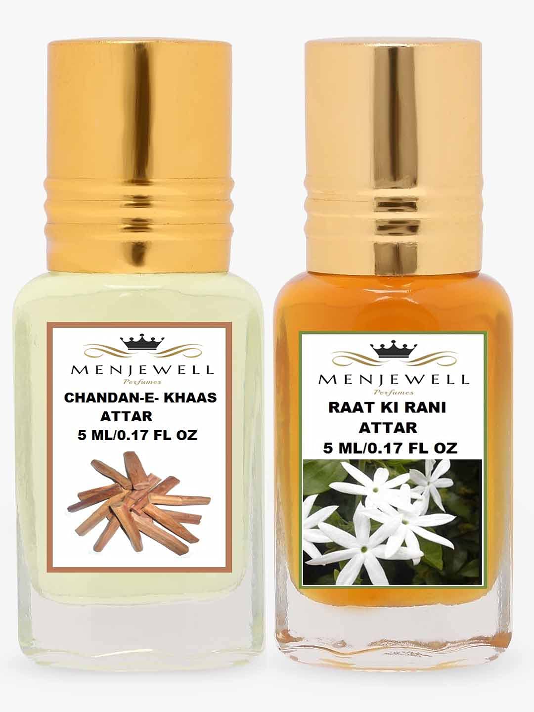 Menjewell Raat Ki Rani + Chandan-E-Khaas Attar Combo 5ml 0.17 Fl.oz. Each Pack Of 2 | Long Lasting | Unisex Fragrance | Alcohol Free