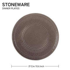 Ceramic Hand Glazed Stoneware Embossed Large Dinner Plates Set Of 4 - 10.6 Inch, Ash Grey | Microwave Safe & Dishwasher Safe