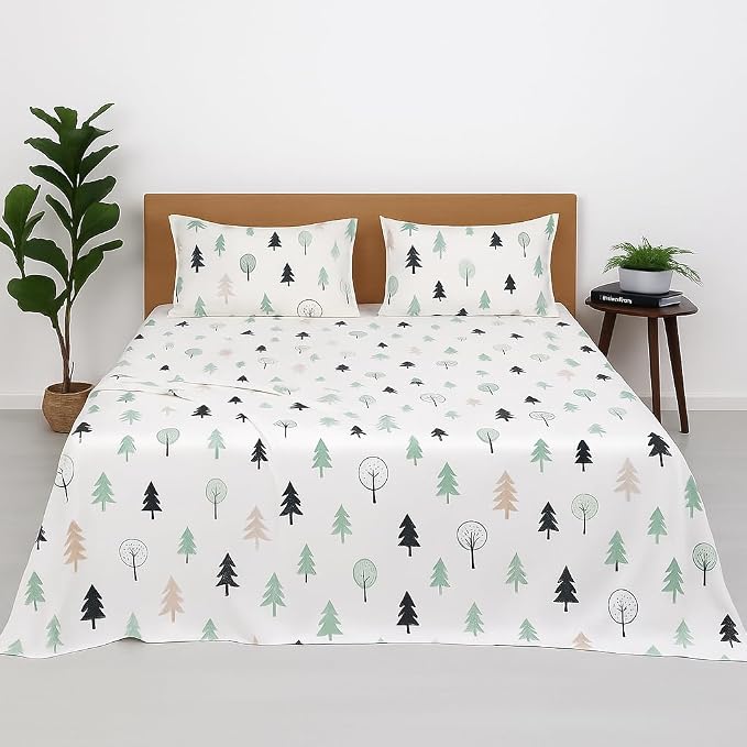 Bedsheet For Double Bed With Pillow Covers Soft Touch Flat Double Bedsheet - 90 X 100 Inch, White | Winter Forest Theme - Breathable, Wrinkle Bedsheet
