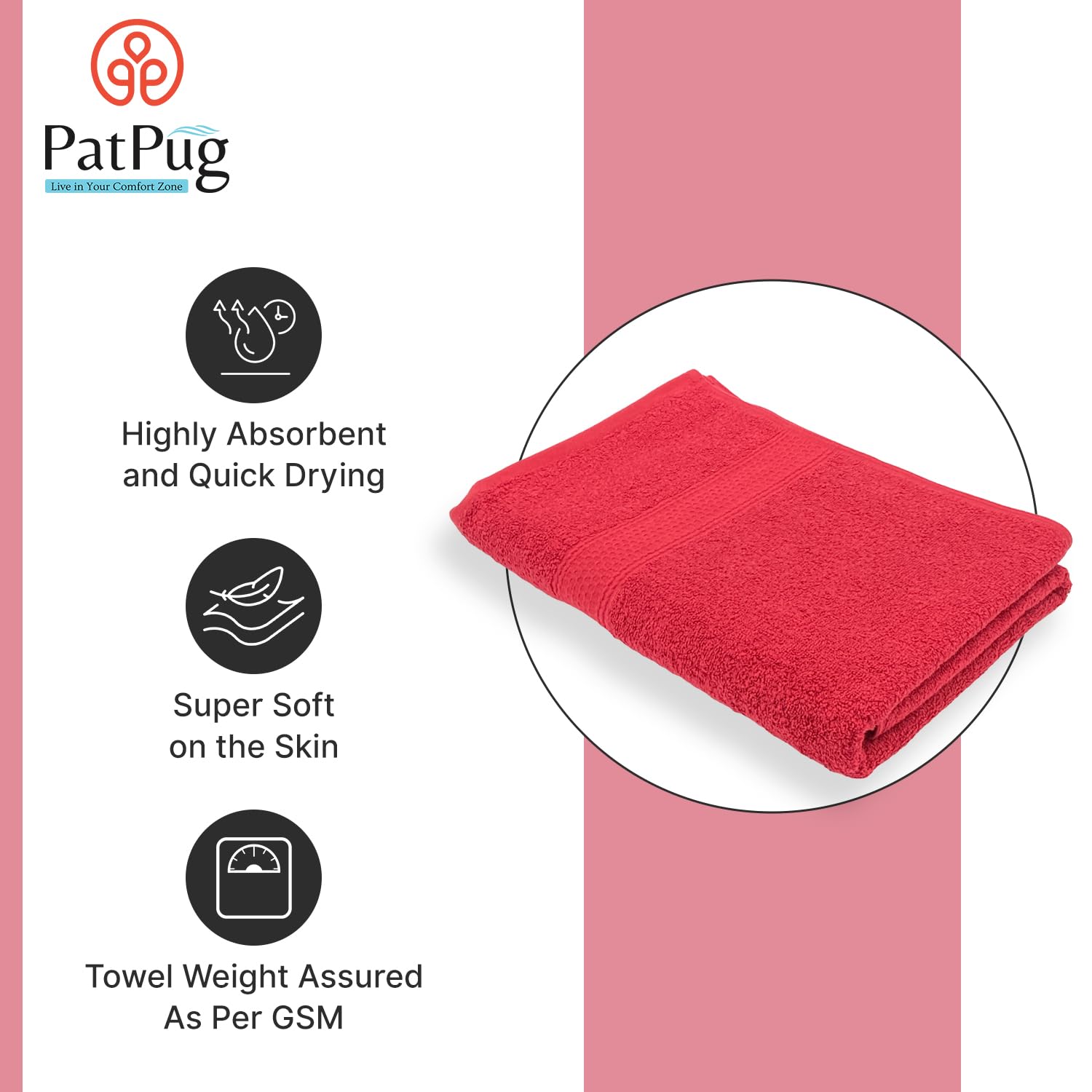 PatPug 100% Indian Ultra Soft Cotton 450 Gsm Bath Towel Large Bath Towel | Highly Absorbent Quick Drying Durable Towel For Men, Women & Kids (Ruby Red)