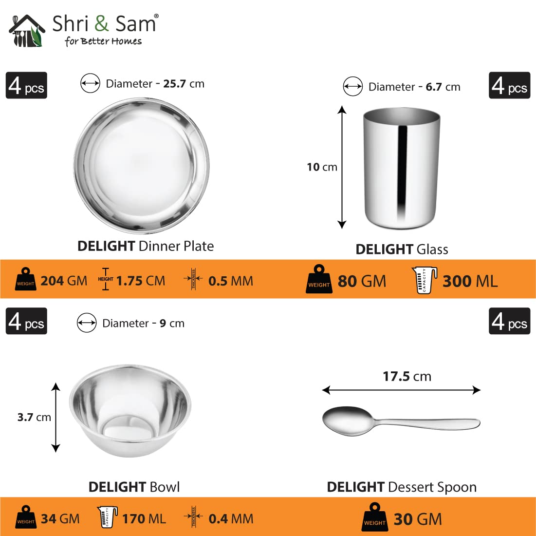 Stainless Steel Delight Solid Dinner Set Of 16 Pieces, Silver | 4 Dinner Plates+ 4 Glasses+ 4 Bowls+ 4 Dessert Spoons - Easy To Clean & Dishwasher-Safe