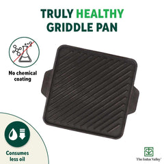 Pre-Seasoned Black Cast Iron Square Griddle Pan With Double Handle - Medium, 27.2 Cm, 10.7 Inch, 4.1 Kg | Gas Compatible, 100% Pure & Toxin-Free, No Chemical Coating