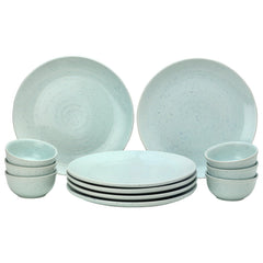 Hand Painted Ceramic Dinner Set Of 12 Pieces Dinnerware Set - Mint Green | Set Of 6 Dinner Plates + 6 Salad Bowl, 180ml Each - Microwave & Dishwasher Safe