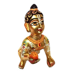 Ashtadhatu Brass Laddu Gopal Idol, Designing & Painting Bal Gopal, Gold, Metal Idol - 5 Inch Height, Handmade, Laddu Gopal Kishan, Baby Krishna, Thakur Ji Murti, Statue