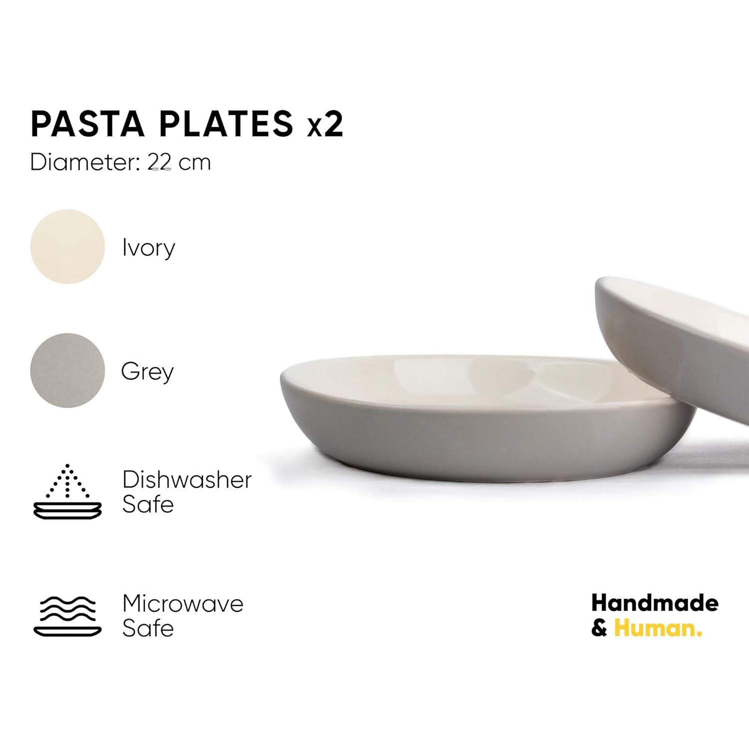 Ceramic Pasta Bowl Set Of 2 Pcs, 22cm - Grey Outside, 300ml Each | Stoneware Ceramic Serving Bowls With Glossy Finish | Pasta Plate - Deep Plate | Ceramic Bowl - Pasta Serving Plate