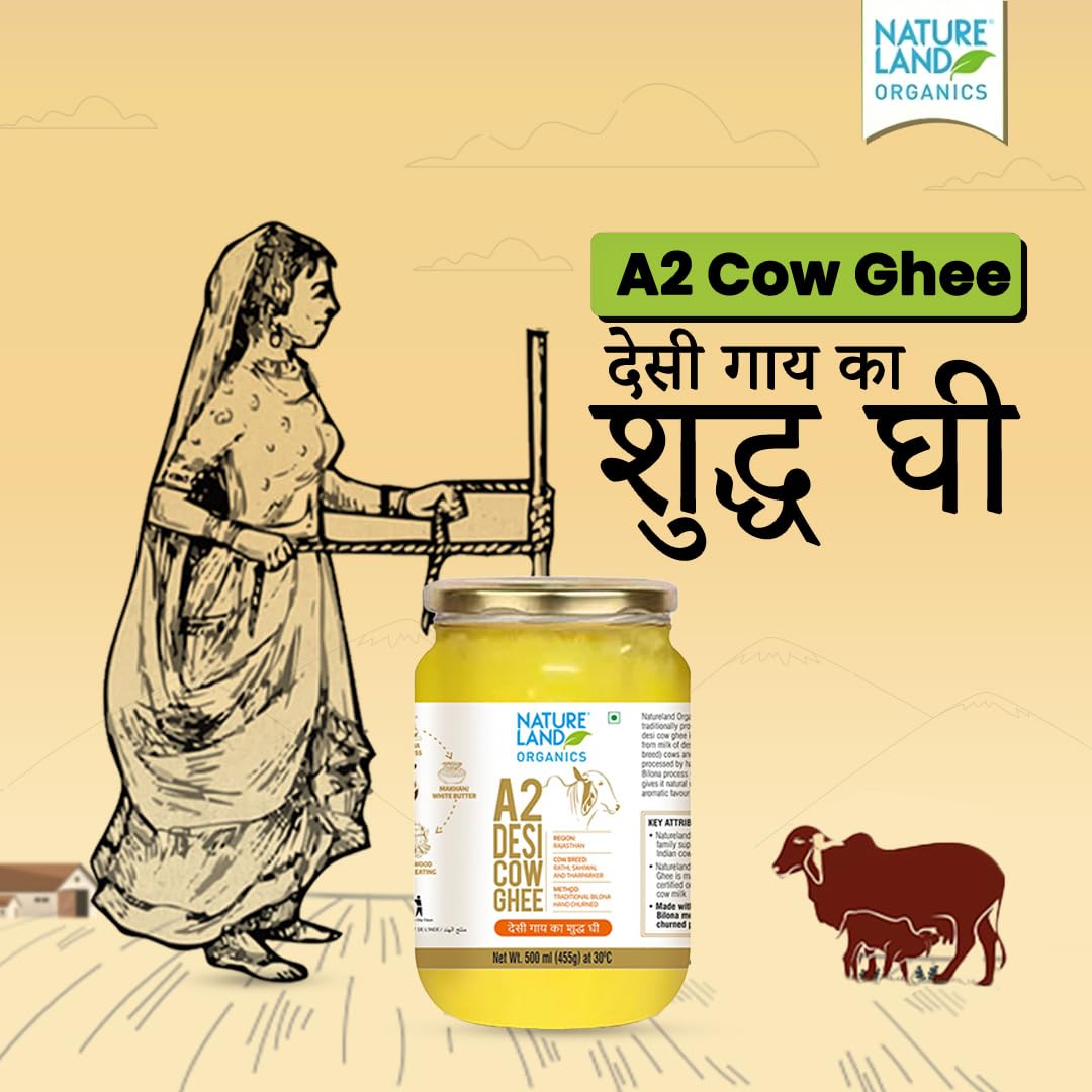 Pure Organic A2 Desi Cow Ghee By Natureland Organics | Delicious & Nutritious Healthy Desi Cow Ghee Good For Boost Immunity | (500ml) 16.9 Ounce | Jar Pack