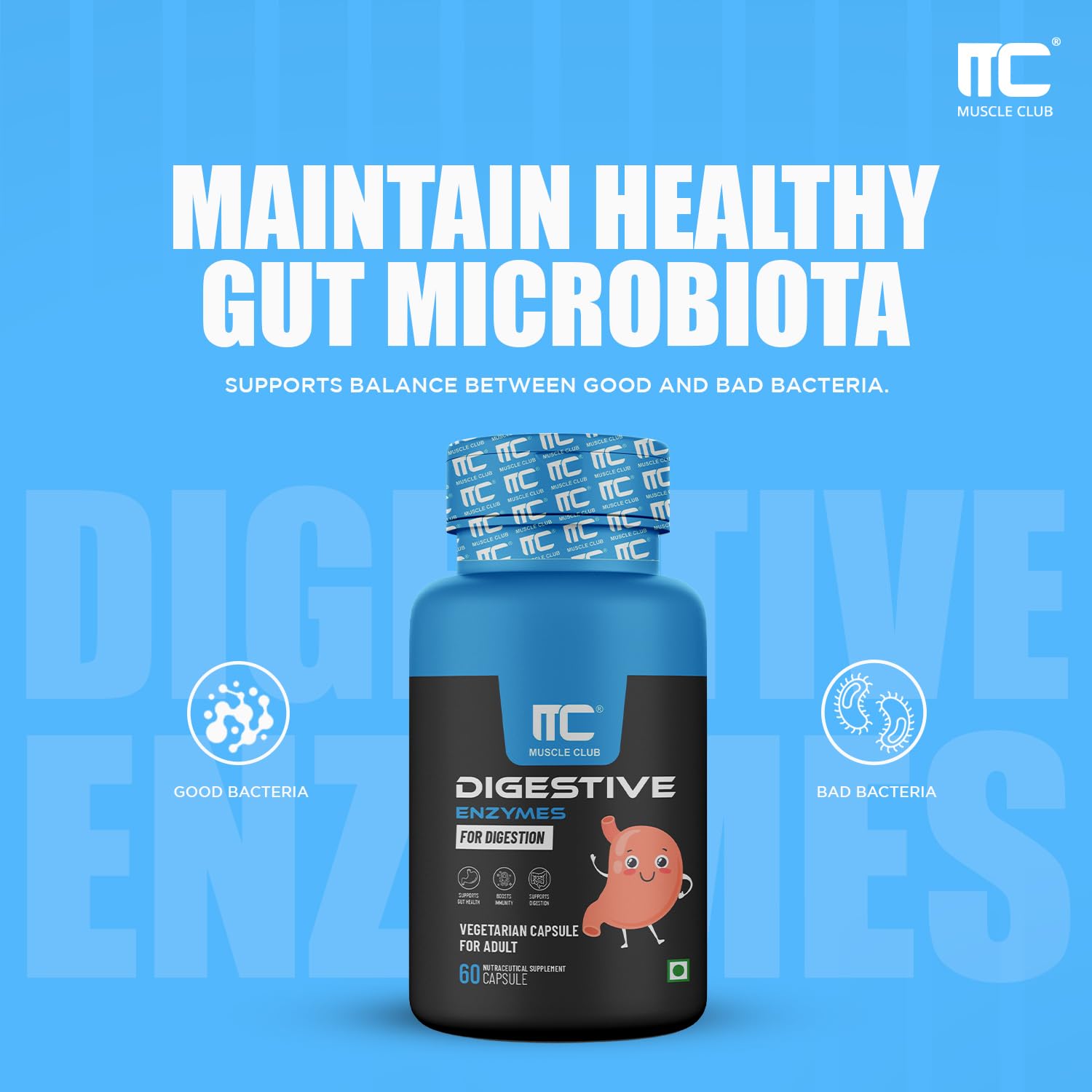 Muscle Club Digestive Enzymes Supplement Supports Gut Health, Digestion & Immune Function Amylase, Lipase, Protease, Cellulase, Lactase, Bromelain | 60 Capsules, 100gm 0.2lbs