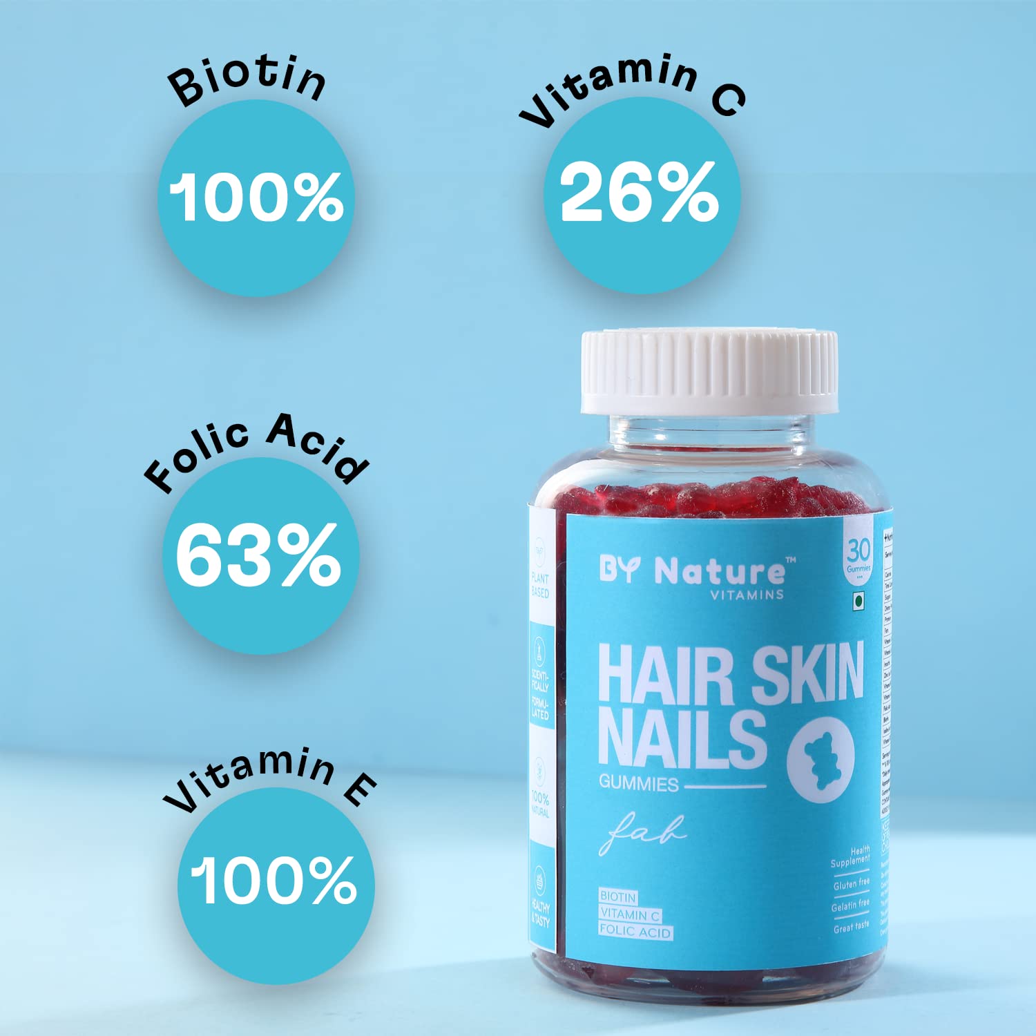By Nature Hair Skin & Nails Vitamin Gummies , With Biotin, Folic Acid, Vitamin A, C, E, B6, B7, B9 & B12 For Hair Growth, Glowing Skin & Strong Nails | 30 Capsules , 50gm 0.1lbs