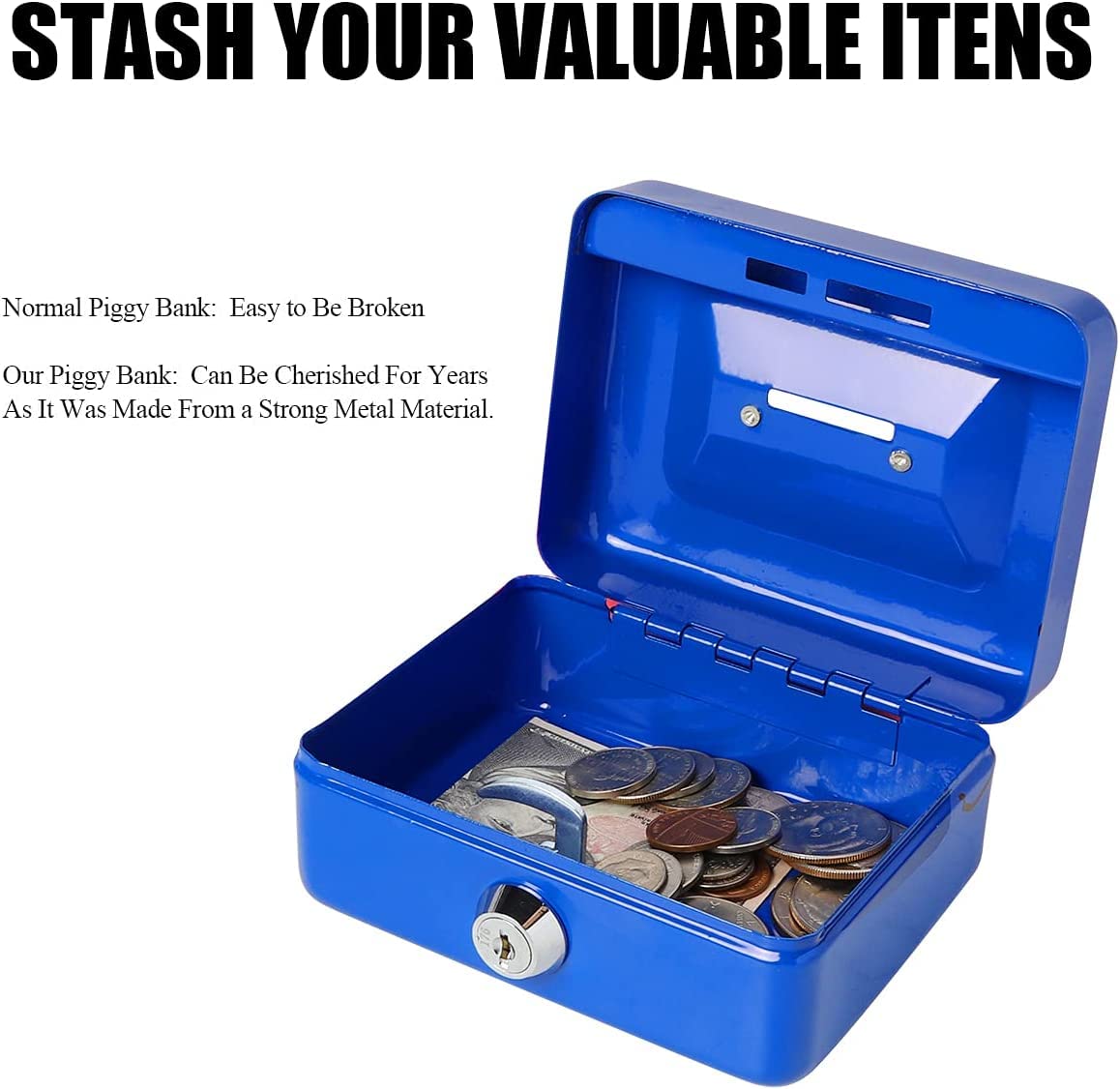 Metal Cash Box With Money Tray, Small Cash Box With Key Lock, Money Slot, Money Coin Safe Security Box Household For Home Office Hotel Business Use, Colour - Blue