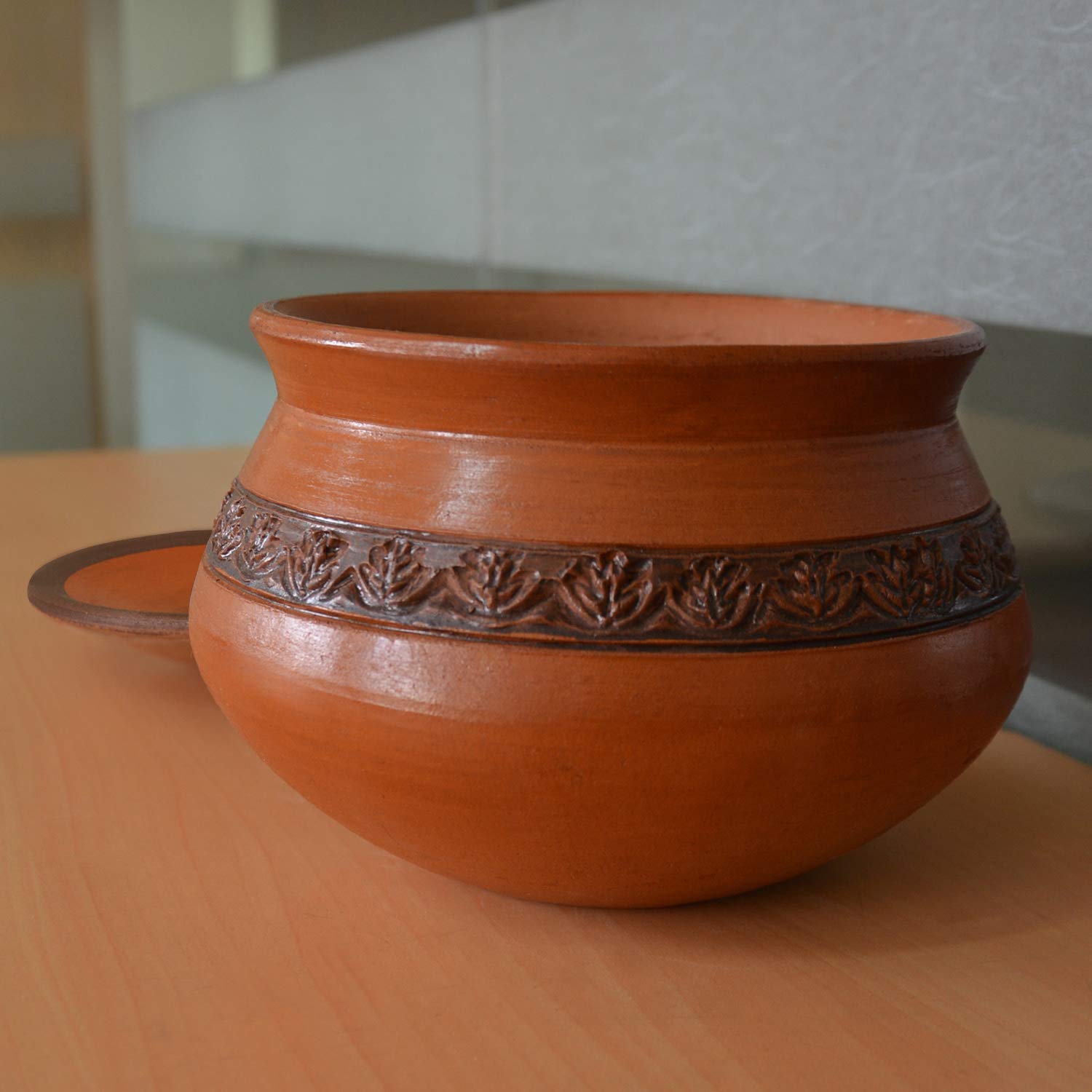 Handcrafted Ornately Designed Earthenware Handi With Lid - Brown, 1.25 Liters | Clay Dahi Handi - Cooking & Serving Pot