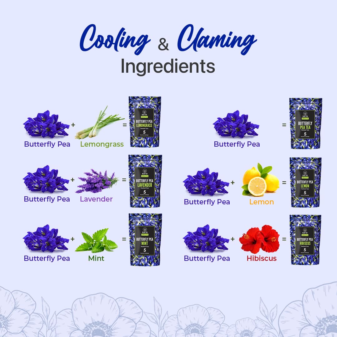 Blue Tea Assorted Butterfly Pea Flower Tea Sampler - 6 Flavors Variety Pack, 30 Tea Bags | Flower Based Herbal Tea - Caffeine Free, Non-GMO, Natural Ingredients | Assortment Box