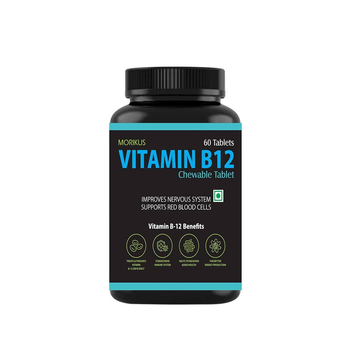 Morikus Vitamin B12 With Active Form Of Methyl Cobalamin With Folic Acid+ Vitamin B6 In Strawberry Flavour Chewable Tablets For Brain Cells & Nerve Tissue Support | 60 Veg Tablets, 100gm 0.2lbs