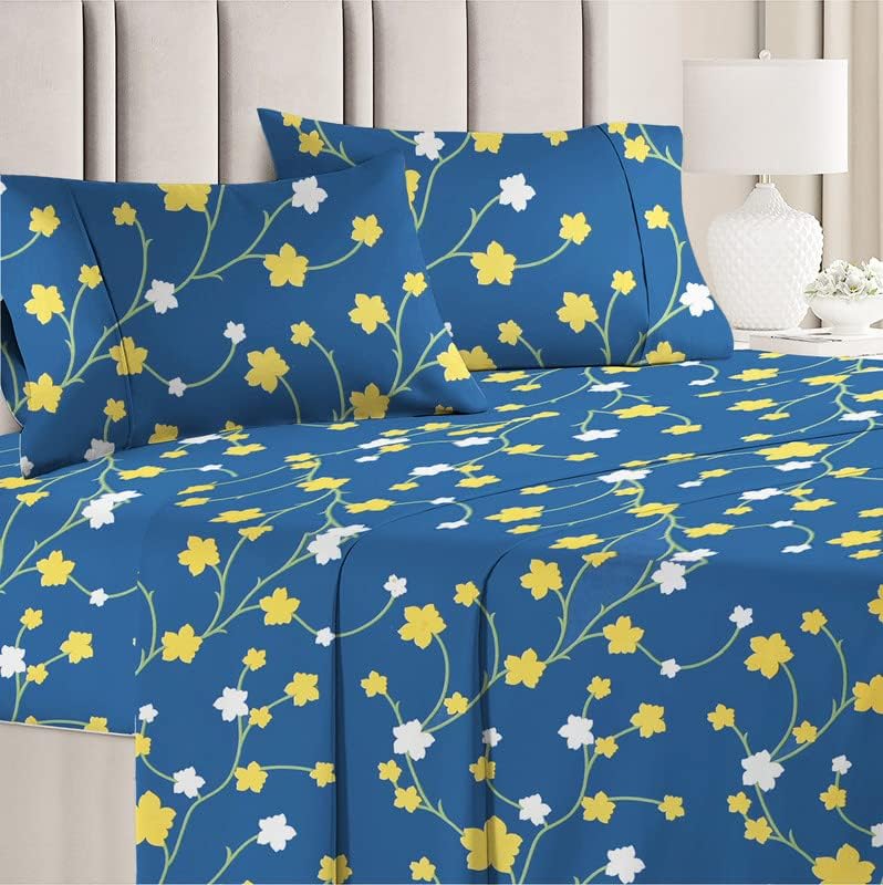 Double Bedsheet With 2 Matching Pillow Covers - 86 X 88 Inches, Dark Blue & Yellow | Soft Brushed Microfiber - Breathable & Wrinkle Free