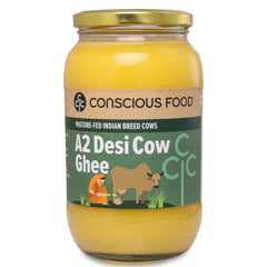 Organic A2 Desi Cow Ghee By Conscious Food | Good Source Of Protein Fiber & Vitamin A Healthy Desi Cow Ghee Perfect For Cooking, Baking | (1 Litr) 33.8 Ounce | Jar Pack