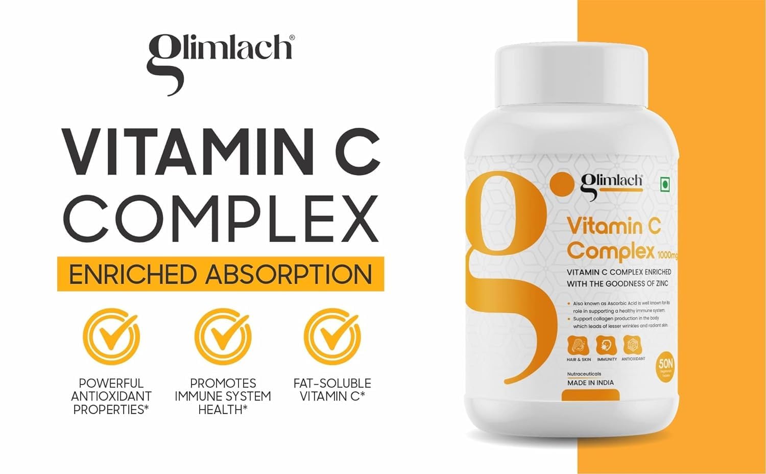 Glimlach Vitamin C Complex Tablet With Amla & Zinc For Men And Women - Supports Energy, Immunity, Antioxidant | 50 Veg Tablets , 100gm 0.2lbs