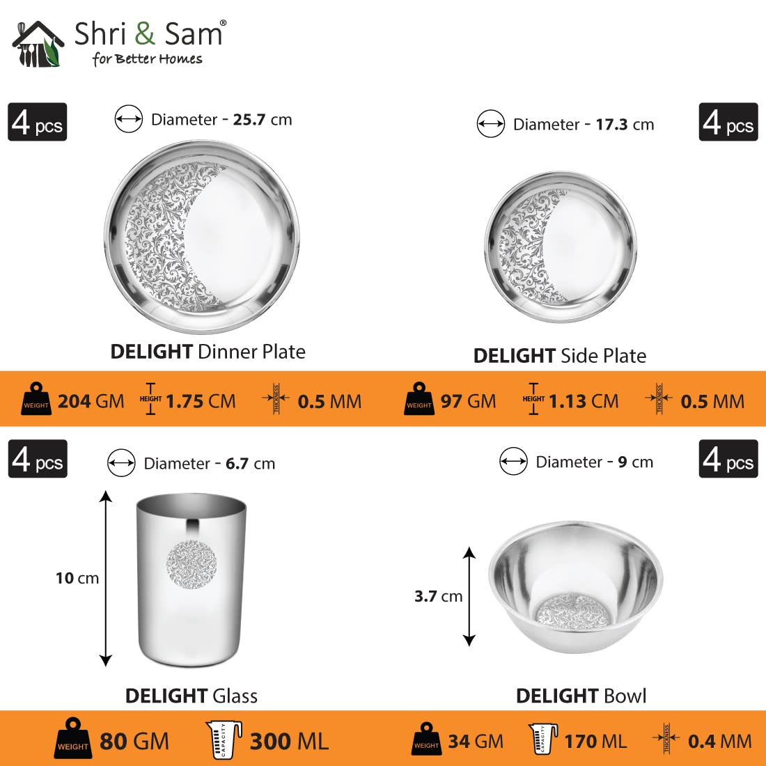 Stainless Steel Delight Dinner Set Of 42 Pieces, Silver | 4 Dinner Plates+ 4 Side Plates+ 4 Glasses+ 12 Bowls+ 1 Basting Spoon+ 1 Rice Spoon+ 4 Dessert Spoons+ 8 Fork+ 4 Tea Spoons
